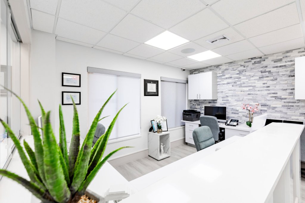 Reception desk area featuring white counter, large green aloe plant in foreground, stone accent wall, and bright professional office lighting